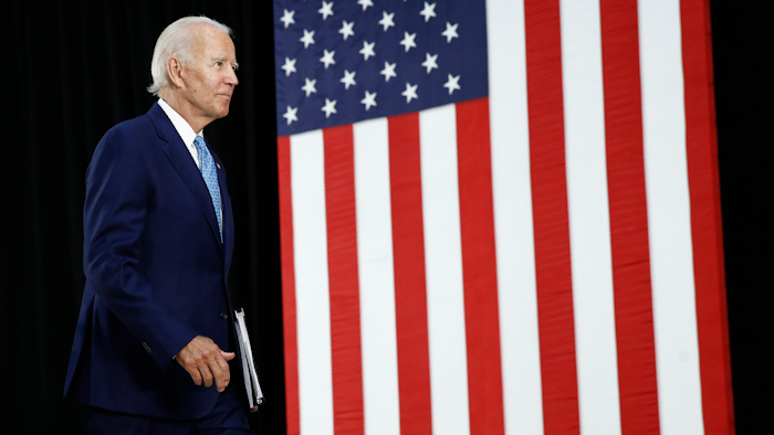 Democratic presidential candidate, former Vice President Joe Biden departs after speaking at Alexis Dupont High School in Wilmington, Del., Tuesday, June 30, 2020.