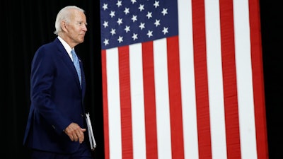 Democratic presidential candidate, former Vice President Joe Biden departs after speaking at Alexis Dupont High School in Wilmington, Del., Tuesday, June 30, 2020.