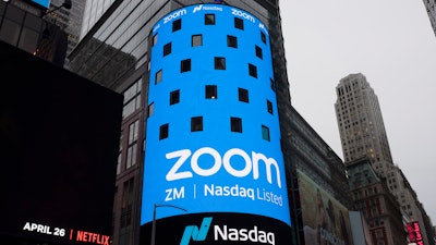 Sign for Zoom Video Communications ahead of the company's Nasdaq IPO in New York, April 18, 2019.