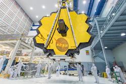 Technicians lift the mirror assembly of the James Webb Space Telescope at NASA's Goddard Space Flight Center, Greenbelt, Md., in 2017.