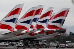 British Airways planes parked at Terminal 5, Heathrow airport in London.