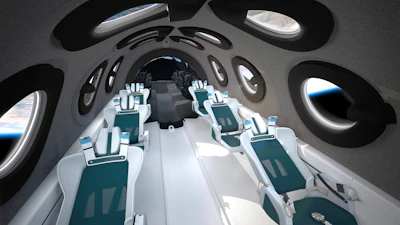 The interior of Virgin Galactic's SpaceshipTwo Cabin during a flight.