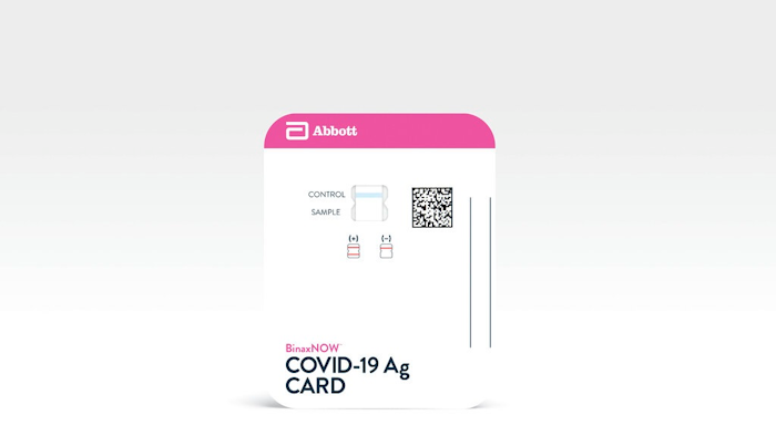 This image provided by Abbott Laboratories in August 2020 shows the company's BinaxNOW rapid COVID-19 nasal swab test. The Food and Drug Administration on Wednesday, Aug. 26, 2020, authorized BinaxNOW, the first rapid coronavirus test that doesn’t need any special computer equipment to get results.