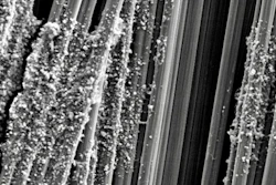 Electron micrograph of cellular nanocrystals on carbon fibers.