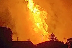 A fire burns after an explosion near Junction City, Ky., Aug. 1, 2019.