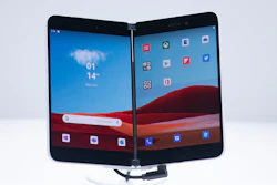 Microsoft Surface Duo displayed in New York, Oct. 2, 2019.