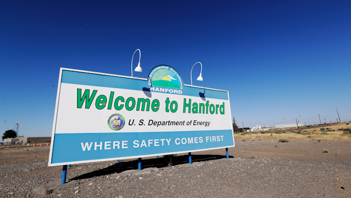 Sign at the Hanford Nuclear Reservation near Richland, Wash., Aug. 13, 2019.