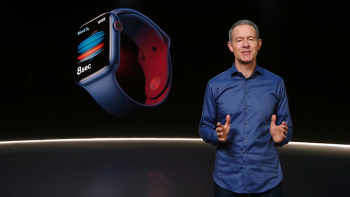 In this still image provided by Apple from the keynote video of a special event at Apple Park in Cupertino, Calif., Apple's Chief Operating Officer Jeff Williams unveils Apple Watch Series 6 on Tuesday, Sept. 15, 2020. Apple is introducing the cheaper version of its smart watch in its latest attempt to broaden the appeal of its trend-setting products while more consumers are forced to scrimp during ongoing fallout from the pandemic.