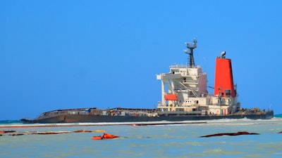 The Japanese carrier ship MV Wakashio seen from the coast of Mauritius, Aug. 16, 2020.