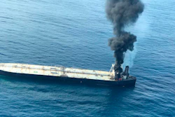 Smoke rising after a fire on a Panama-registered oil tanker east of Sri Lanka, Sept. 3, 2020.