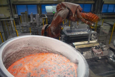 Molten aluminum is seen inside a smelter at the Alouette aluminum plant in Sept-Iles, Quebec, May 21, 2019.