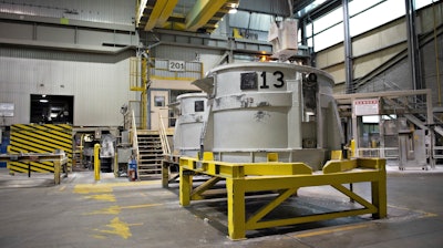 Aluminum smelters inside the Alouette aluminum plant, Sept-Iles, Quebec, May 21, 2019.