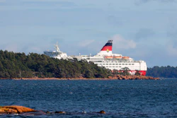 Viking Line's cruise ship M/S Amorella near the Aland islands, seen from Finland, Sept. 20, 2020.