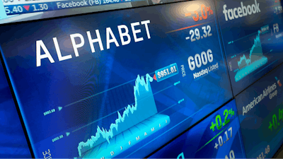 Alphabet logo on a screen at the Nasdaq MarketSite, New York, July 25, 2017.