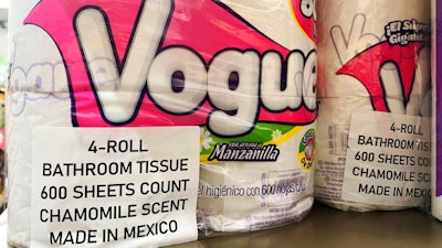This Sept. 8, 2020, photo, shows Vogue, a Mexican toilet paper brand, on the shelf at a 7-Eleven in New York. Demand for toilet paper has been so high during the pandemic that in order to keep their shelves stocked, retailers across the country are buying up foreign toilet paper brands, mostly from Mexico.