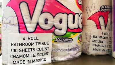 This Sept. 8, 2020, photo, shows Vogue, a Mexican toilet paper brand, on the shelf at a 7-Eleven in New York. Demand for toilet paper has been so high during the pandemic that in order to keep their shelves stocked, retailers across the country are buying up foreign toilet paper brands, mostly from Mexico.