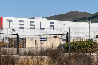 Exterior view of the Tesla factory in Fremont, California.