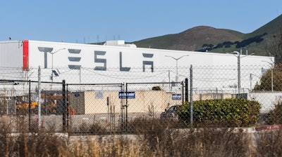 Exterior view of the Tesla factory in Fremont, California.