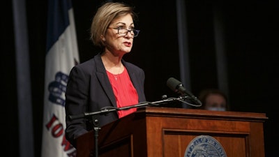 Iowa Gov. Kim Reynolds during a press conference at Iowa PBS in Des Moines, Aug. 27, 2020.