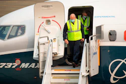 FAA chief Steve Dickson walks out of a Boeing 737 MAX, after concluding a test flight.
