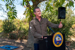 California Gov. Gavin Newsom speaks during a news conference at Sierra Orchards walnut farm in Winters, Calif.