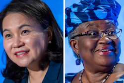 Yoo Myung-hee of Korea, left, and Ngozi Okonjo-Iweala of Nigeria at the WTO headquarters in Geneva, Switzerland, July 2020.