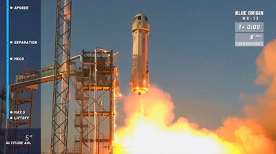 In this image from video made available by Blue Origin, the New Shepard rocket lifts off from its launchpad in Texas, to test new lunar-landing technology for NASA that could help put astronauts back on the moon by 2024.