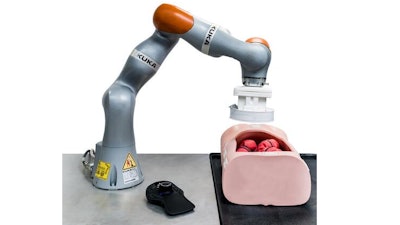 The robotic arm houses a magnet that interacts with magnets on a small capsule inside the patient and is able to navigate the capsule to the correct spot inside the colon.