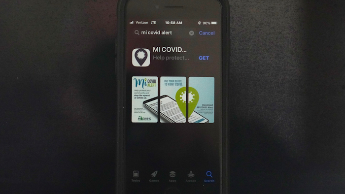 The MI COVID Alert app on an iPhone in Chicago, Oct. 15, 2020.