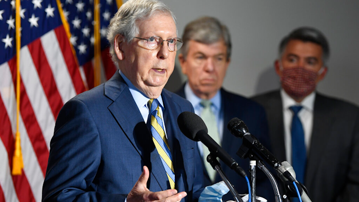Senate Majority Leader Mitch McConnell, R-Ky., speaks to reporters following the weekly Republican policy luncheon on Capitol Hill, June 9, 2020.
