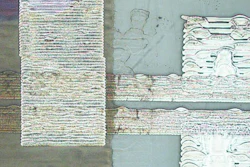 Optical microscopy image of a field effect transistor containing an inkjet printed graphene channel.