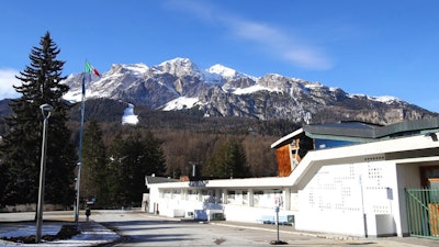A view of the Palazzo del Ghiaccio (Ice Palace) in Cortina D'Ampezzo, northern Italy, Wednesday, Jan. 16, 2019. A wide swath of northern Italy will benefit from 1 billion euros ($1.2 billion) in infrastructure development that the government has signed off on to improve access to the venues for the Milan-Cortina Winter Olympics in 2026.