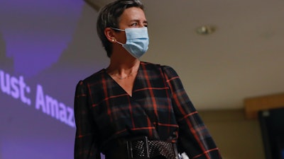 European Executive Vice-President Margrethe Vestager after addressing a press conference at EU headquarters in Brussels, Nov. 10, 2020.