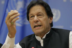 Imran Khan, Prime Minister of Pakistan, speaks to reporters during a news conference at United Nations headquarters, Sept. 24, 2019.