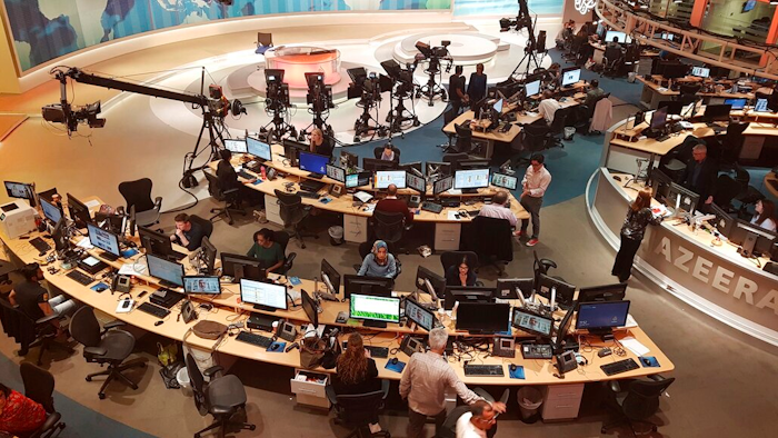 Al-Jazeera staff at their TV station in Doha, Qatar, June 8, 2017.