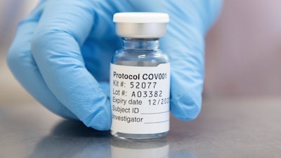 This undated file photo issued by the University of Oxford on Monday, Nov. 23, 2020, shows of vial of coronavirus vaccine developed by AstraZeneca and Oxford University, in Oxford, England. New results released Tuesday, Dec. 8, 2020, on the possible COVID-19 vaccine suggest it is safe and about 70% effective.