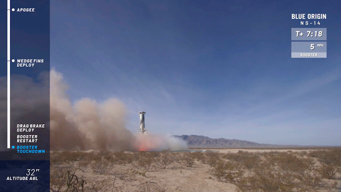 Image from video of Blue Origin's New Shepard rocket landing after a test flight, Jan. 14, 2021.