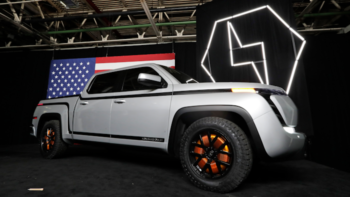 This Thursday, June 25, 2020 file photo shows the electric Endurance pick-up truck at Lordstown Motors Corporation, in Lordstown, Ohio.