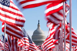 The U.S. Capitol is seen between flags placed on the National Mall ahead of the inauguration of President-elect Joe Biden and Vice President-elect Kamala Harris, Washington, Jan. 18, 2021.