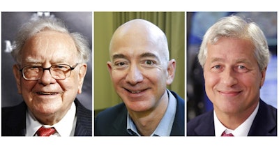 This combination of file photos from left shows Warren Buffett, chairman and CEO of Berkshire Hathaway, on Sept. 19, 2017, in New York, Jeff Bezos, CEO of Amazon.com, on Sept. 24, 2013, in Seattle and JP Morgan Chase Chairman and CEO Jamie Dimon on July 12, 2013, in New York. A health care venture created in 2018 by the three corporate giants to attack soaring care costs will shutter only a couple years after launching. A company spokeswoman said Monday, Jan. 4, 2021, that Haven will end operations in February.