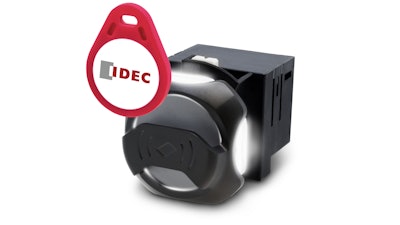 Industrial-rated RFID readers, like the KW2D family from IDEC, are built to fit 22mm panel-mount knockout holes and are designed to operate in the environmental conditions commonly associated with industrial equipment. Key fob-style tags are available in many colors and can be swiped or clipped into position.