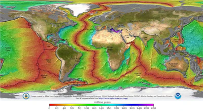 This map shows how ocean crust rises upward at rifts between tectonic plates and spreads outward. In the Atlantic, light blue crust began forming 180 million years ago when North America and Africa rifted apart. Green crust was produced 128 million to 84 million years ago when Africa and South America rifted apart. Dark red crust is the youngest, formed up to 10 million years ago.
