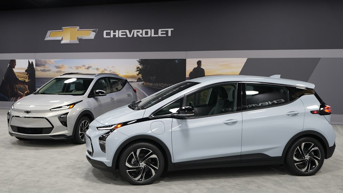 The 2022 Chevrolet Bolt EV, foreground, and EUV, Feb. 11, 2021, Milford, Mich.