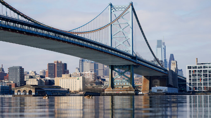 The Benjamin Franklin Bridge spanning the Delaware River, Philadelphia, Feb. 10, 2021.