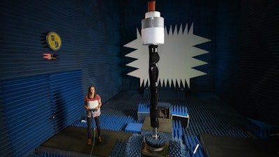 Anna Stumme, U.S. Naval Research Laboratory electrical engineer makes adjustments to an array inside the anechoic chamber at the U.S. Naval Research Laboratory in Washington, D.C., Sep. 5, 2019. Stumme creates and tests prototype parts developed using traditional and 3D printed methods.