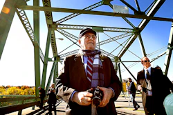 Dr. Bernard Lown walks on the bridge renamed in his honor in Lewiston, Maine, Oct. 17, 2008.