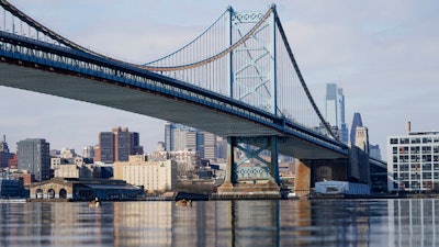 The Benjamin Franklin Bridge spanning the Delaware River, Philadelphia, Feb. 10, 2021.