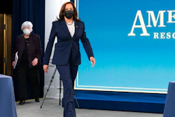 Vice President Kamala Harris, right, and Treasury Secretary Janet Yellen, arrive to attend a virtual roundtable with participants from Black Chambers of Commerce across the country to discuss the American Rescue Plan, Friday, Feb. 5, 2021, at the South Court Auditorium on the White House complex in Washington.