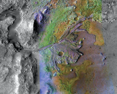 This color–enhanced photo shows the ancient river delta in the Jezero Crater where Perseverance will look for signs of life.