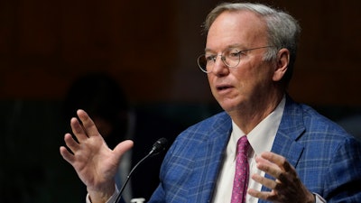 Dr. Eric E. Schmidt, co-founder of Schmidt Futures, speaks on Capitol Hill in Washington, Tuesday, Feb. 23, 2021, during a hearing on emerging technologies and their impact on national security.